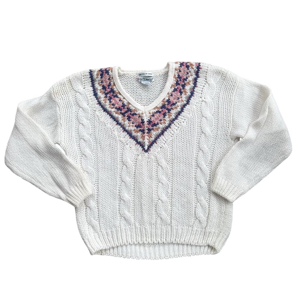 Vtg 1980s Currants Hand Knit V Neck Grannycore Sweater Medium